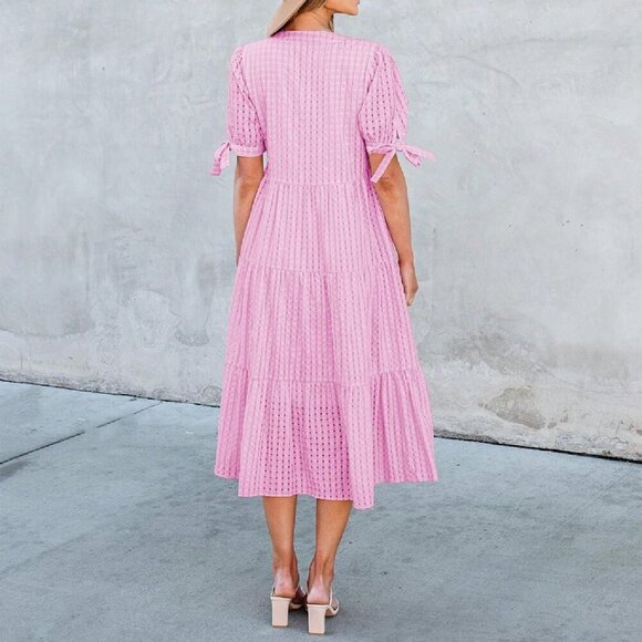 Pink Elegant Women's Casual V Neck Plaid Midi Maternity Dress - Picture 5 of 5